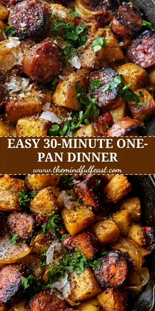 Smoked Sausage and Potatoes Skillet: The Ultimate Crispy Cast Iron Dinner 4 An overhead close-up of a cast iron skillet filled with crispy smoked sausage and potatoes, garnished with parsley and sea salt flakes.