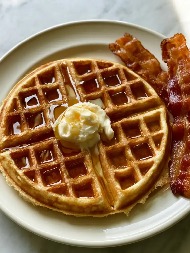 Waffle House Waffles: The Ultimate Copycat Recipe for Thin, Crispy Malted Waffles 1 Extreme close-up of amber maple syrup glistening in the shallow wells of a golden-brown malted waffle.