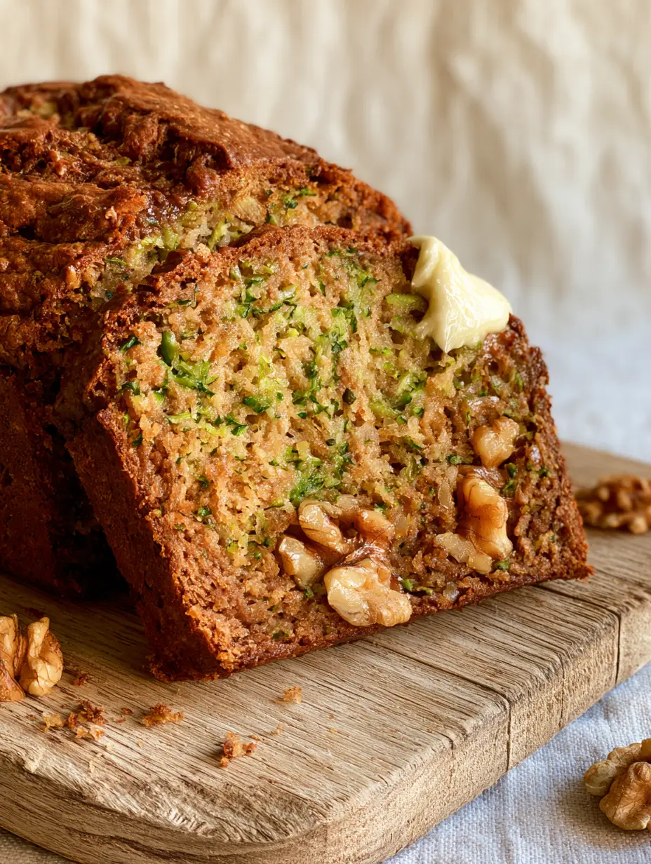 Zucchini Bread Recipe: The Ultimate Moist Walnut Loaf with a Caramelized Crust 3 Close-up of a zucchini bread slice showing glistening moist crumb, green zucchini flecks, and toasted walnut chunks. (Zucchini bread recipe)