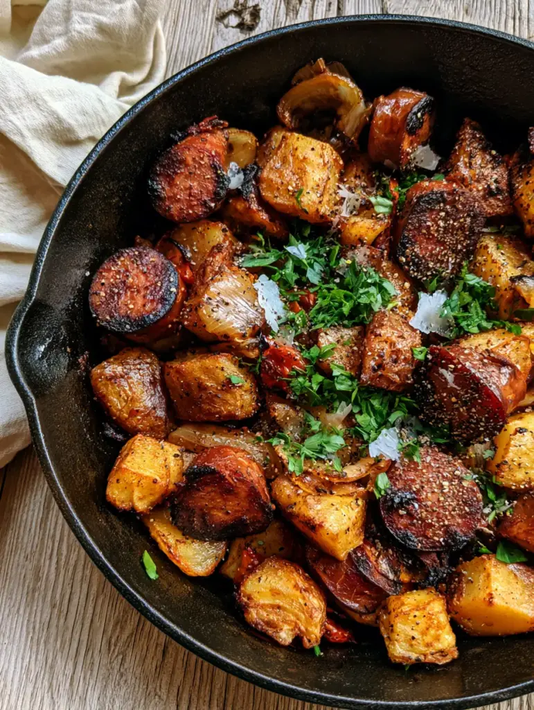 Smoked Sausage and Potatoes Skillet: The Ultimate Crispy Cast Iron Dinner 2 Golden brown Yukon Gold potatoes and seared smoked sausage rounds in a black cast iron pan. (smoked sausage and potatoes)