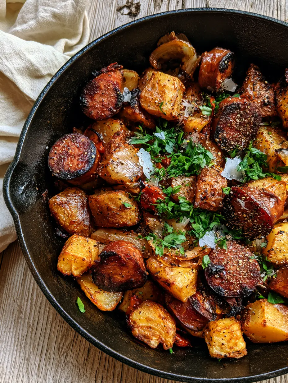 Smoked Sausage and Potatoes Skillet: The Ultimate Crispy Cast Iron Dinner 3 Golden brown Yukon Gold potatoes and seared smoked sausage rounds in a black cast iron pan. (smoked sausage and potatoes)