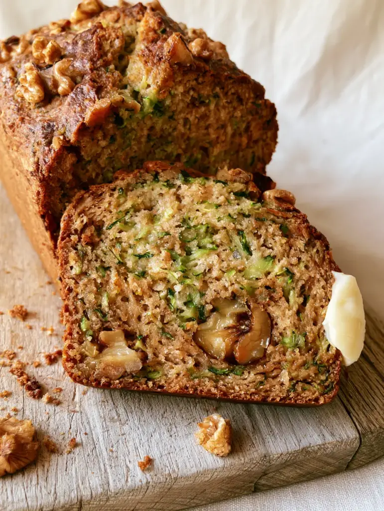 Zucchini Bread Recipe: The Ultimate Moist Walnut Loaf with a Caramelized Crust 1 Rustic zucchini bread loaf on an oak cutting board with scattered crumbs and neutral linen. (Zucchini bread recipe)