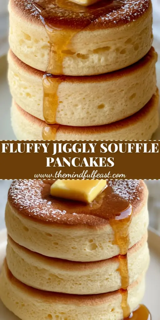 A towering stack of three Japanese soufflé pancakes topped with melting butter and a thick drip of maple syrup on a white plate.