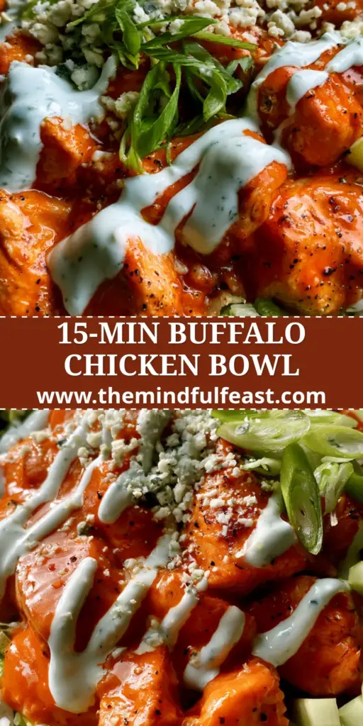 Buffalo Chicken Bowls with Glossy Glaze and Creamy Ranch 4 A high-angle macro shot of buffalo chicken bowls featuring glossy glazed chicken, ranch drizzle, and fresh celery garnishes in a ceramic bowl.