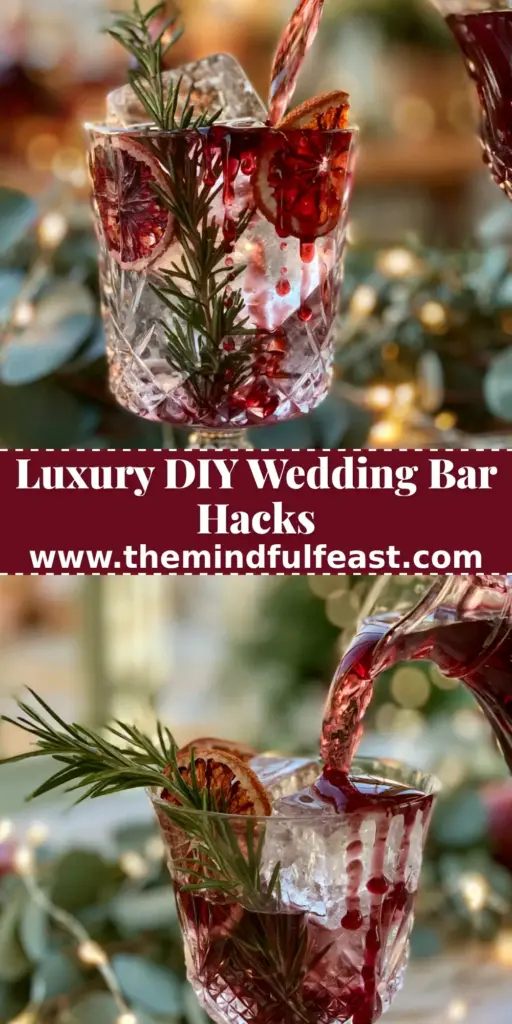 A crystal goblet with pomegranate layered wedding drinks on a rustic wooden table with rosemary and blood orange.