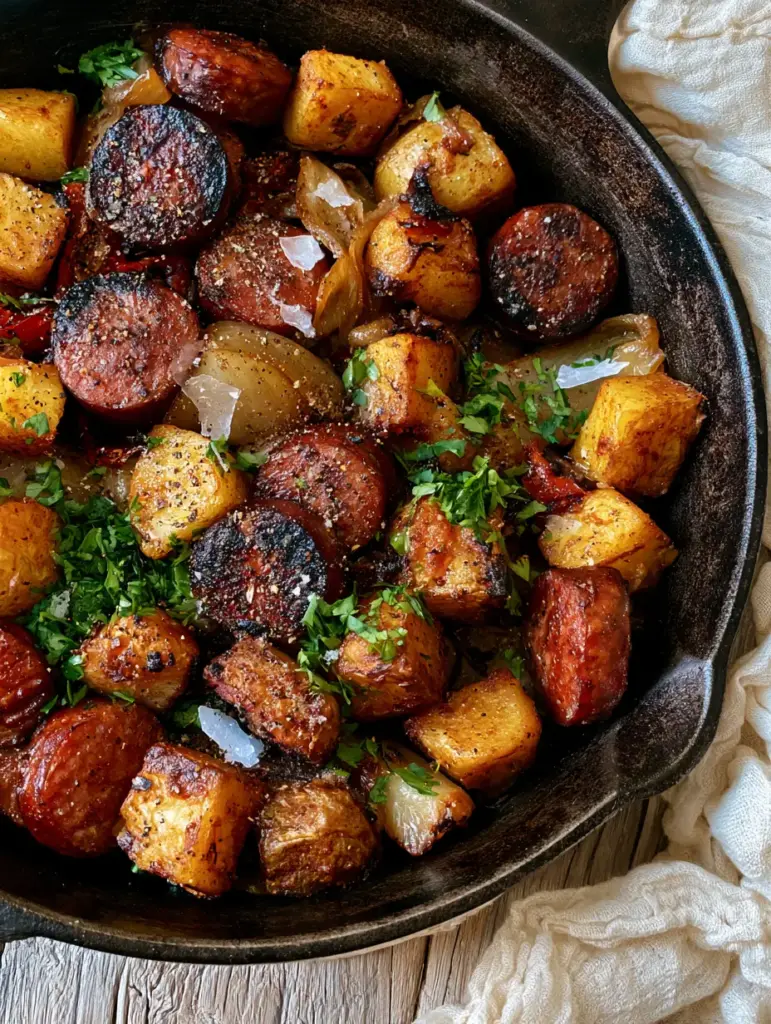Smoked Sausage and Potatoes Skillet: The Ultimate Crispy Cast Iron Dinner 1 Close-up of blistered red peppers and translucent onions mixed with smoked sausage and potatoes.