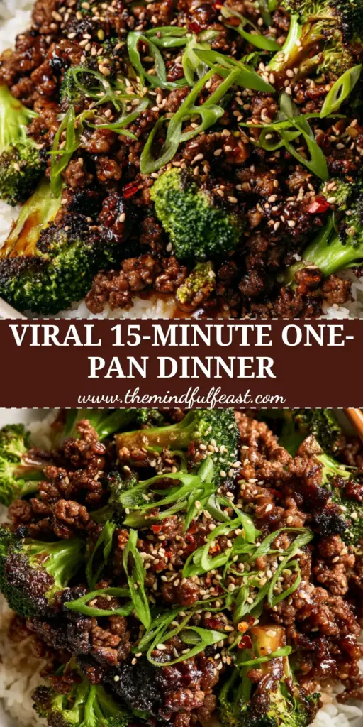 Ground Beef and Broccoli Recipe with a Glossy Ginger Soy Glaze 3 A top-down view of a matte ceramic bowl containing a ground beef and broccoli recipe with glossy sauce over white rice.