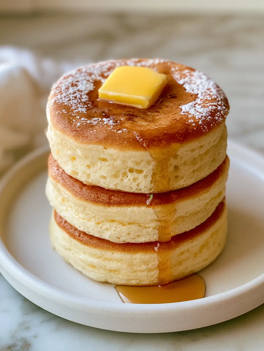 Eye-level view of thick japanese soufflé pancakes showing aerated sides and visible bubbles.