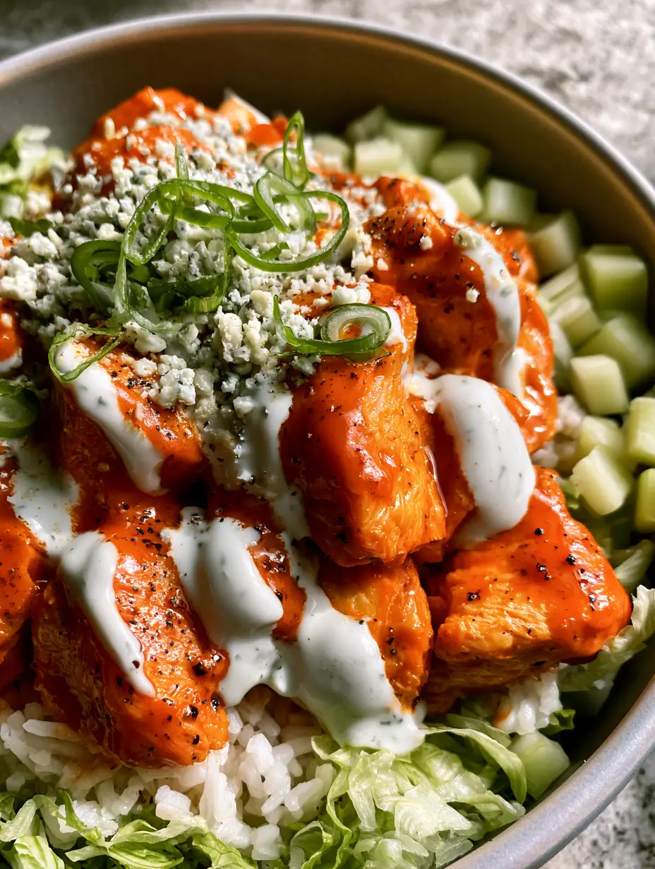 Buffalo Chicken Bowls with Glossy Glaze and Creamy Ranch 3 Close-up of vibrant orange-red buffalo chicken bowls with visible black pepper specks and a thick ranch drizzle.