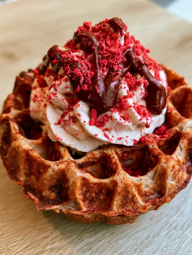 Snack Idea: High-Protein Crispy Waffle Bowls with Whipped Vanilla Cream 2 Macro photo of deep honeycombed grids on a golden-brown protein waffle bowl snack idea.