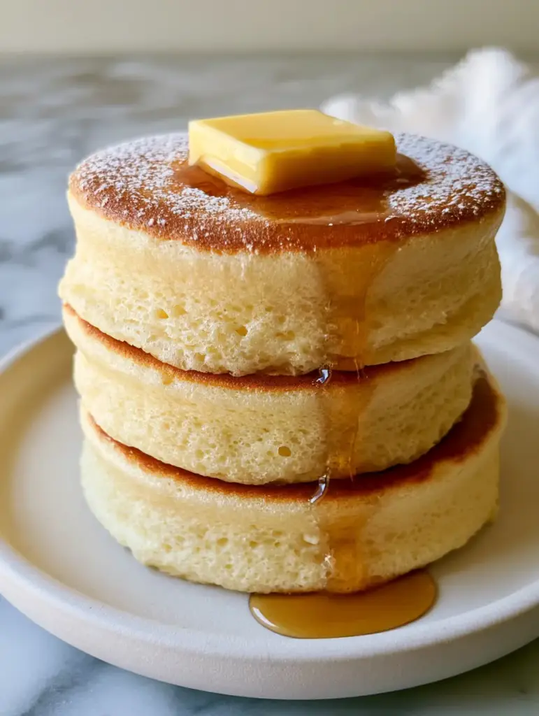 Glistening maple syrup dripping down a stack of japanese soufflé pancakes with a square of grass-fed butter.