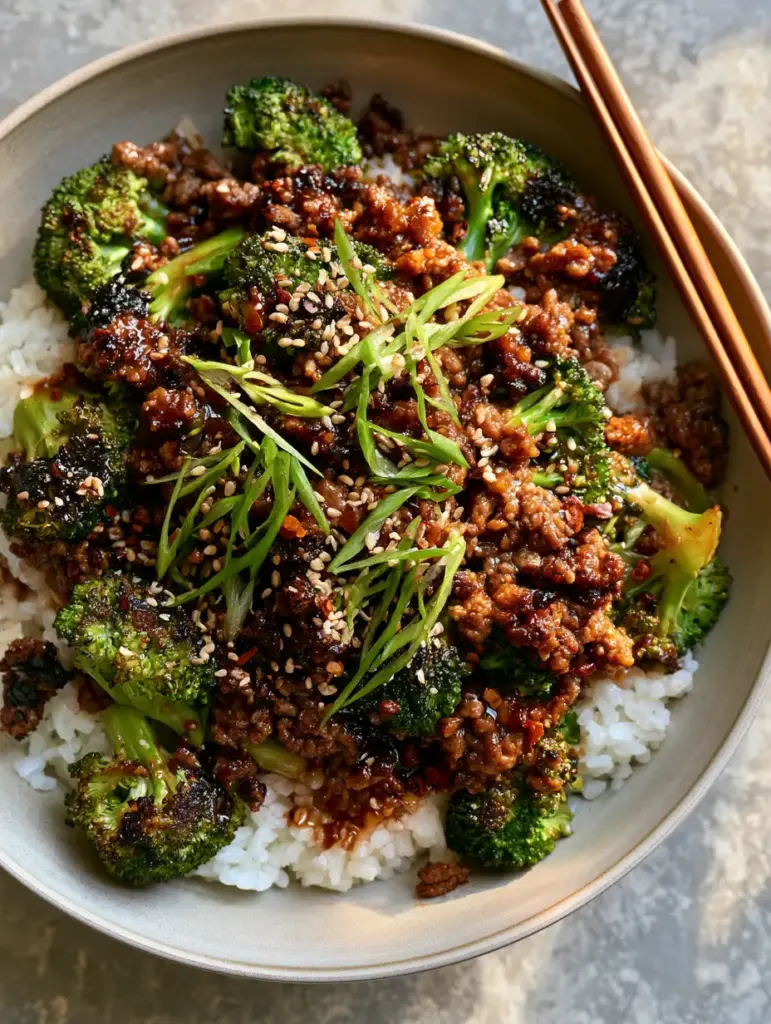 Ground Beef and Broccoli Recipe with a Glossy Ginger Soy Glaze 2 Close up of caramelized beef crumbles and emerald broccoli florets in this ground beef and broccoli recipe.