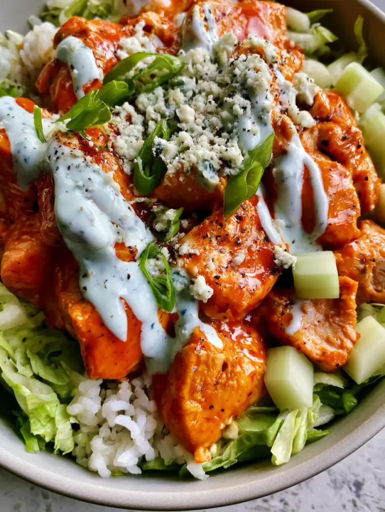 Buffalo Chicken Bowls with Glossy Glaze and Creamy Ranch 1 A high-angle shot showing the contrast of white rice, green romaine, and spicy buffalo chicken in a matte ceramic bowl.