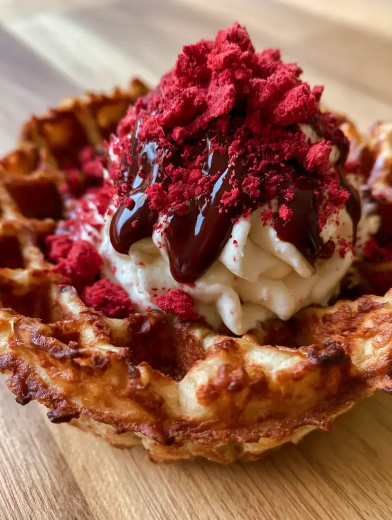 Snack Idea: High-Protein Crispy Waffle Bowls with Whipped Vanilla Cream 1 A handheld protein waffle bowl topped with mahogany chocolate syrup and red strawberry dust.