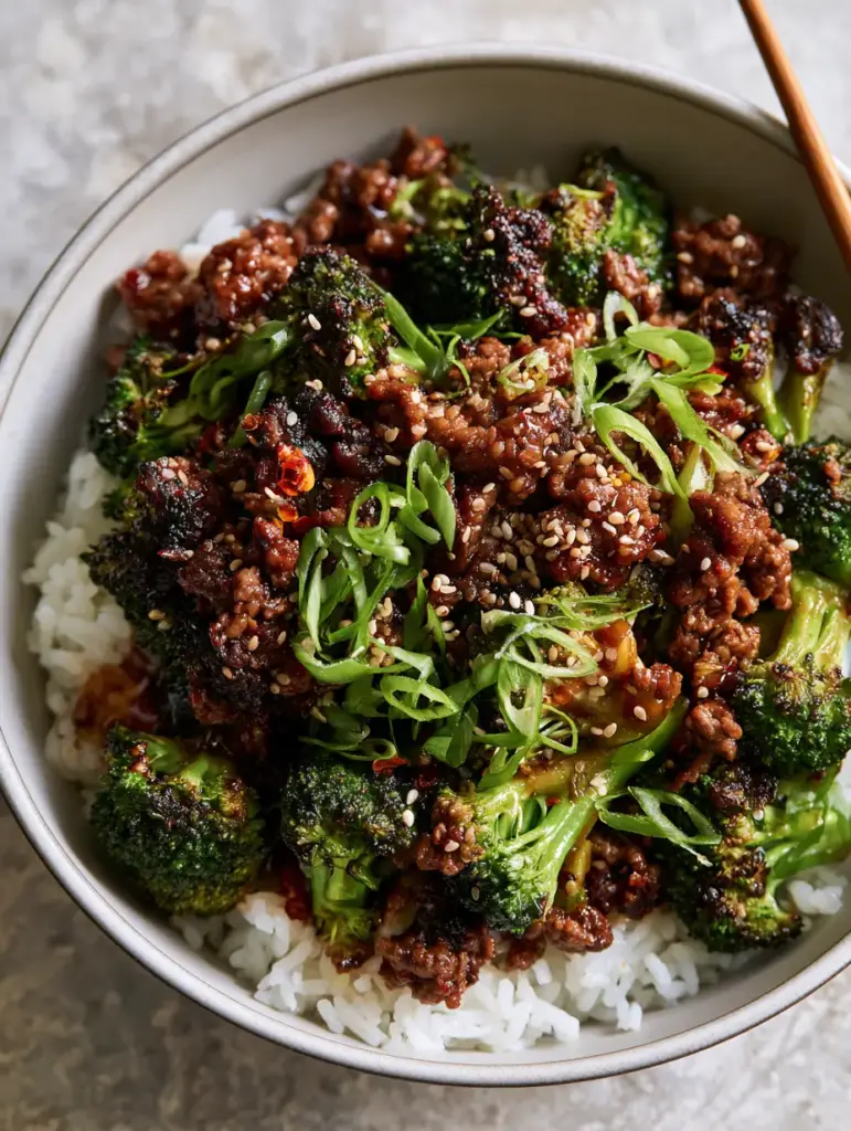 Ground Beef and Broccoli Recipe with a Glossy Ginger Soy Glaze 1 Ground beef and broccoli recipe garnished with sesame seeds and bias-cut scallions on a grey stone surface.