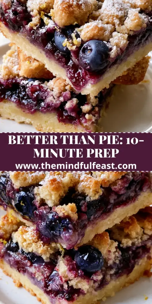 A stack of blueberry pie bars with visible layers of shortbread, jammy blueberry filling, and golden crumble on a ceramic plate. (blueberry pie bars)