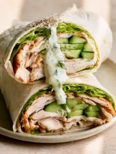 Sliced turkey wraps on a matte ceramic plate showing visible browned turkey edges and crisp English cucumber spears. (Cucumber Ranch Turkey Tortilla Wrap)