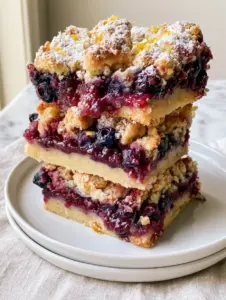 A close-up handheld shot of a stack of blueberry pie bars showing the gooey purple interior and golden crumble top. (blueberry pie bars)
