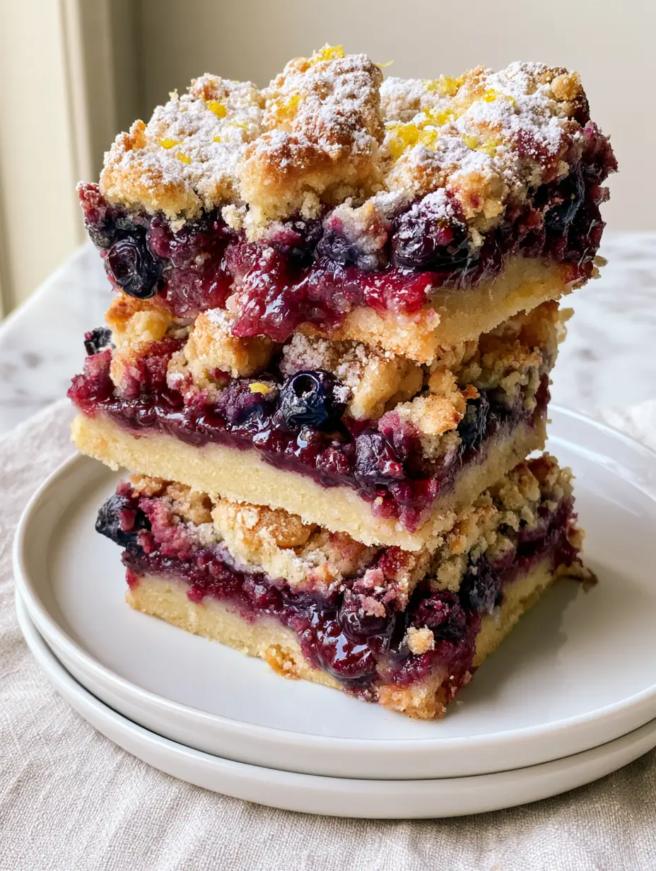 A close-up handheld shot of a stack of blueberry pie bars showing the gooey purple interior and golden crumble top. (blueberry pie bars)