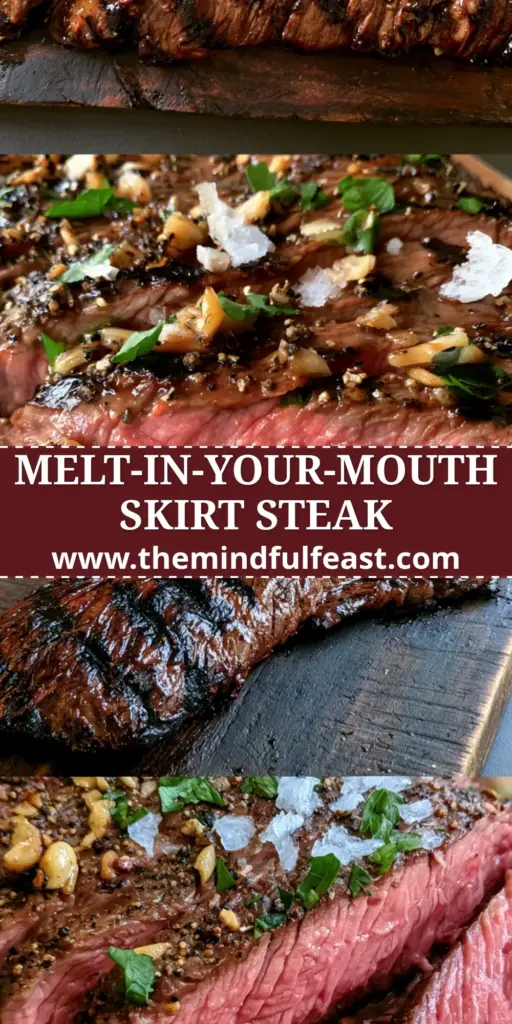 Skirt Steak Marinade with Balsamic Garlic Glaze and Deep Charred Marks 4 A professional vertical pin showing a glossy grilled skirt steak with deep charred grill marks and natural juices on a rustic board. (skirt steak marinade)