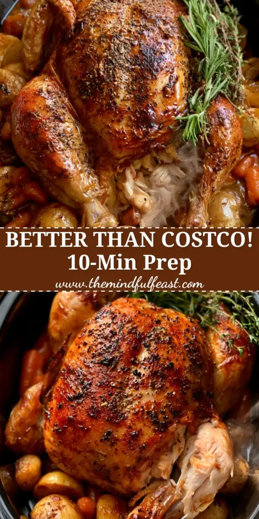 A perfectly roasted whole crockpot rotisserie chicken with golden skin and herbs. (crockpot rotisserie chicken)