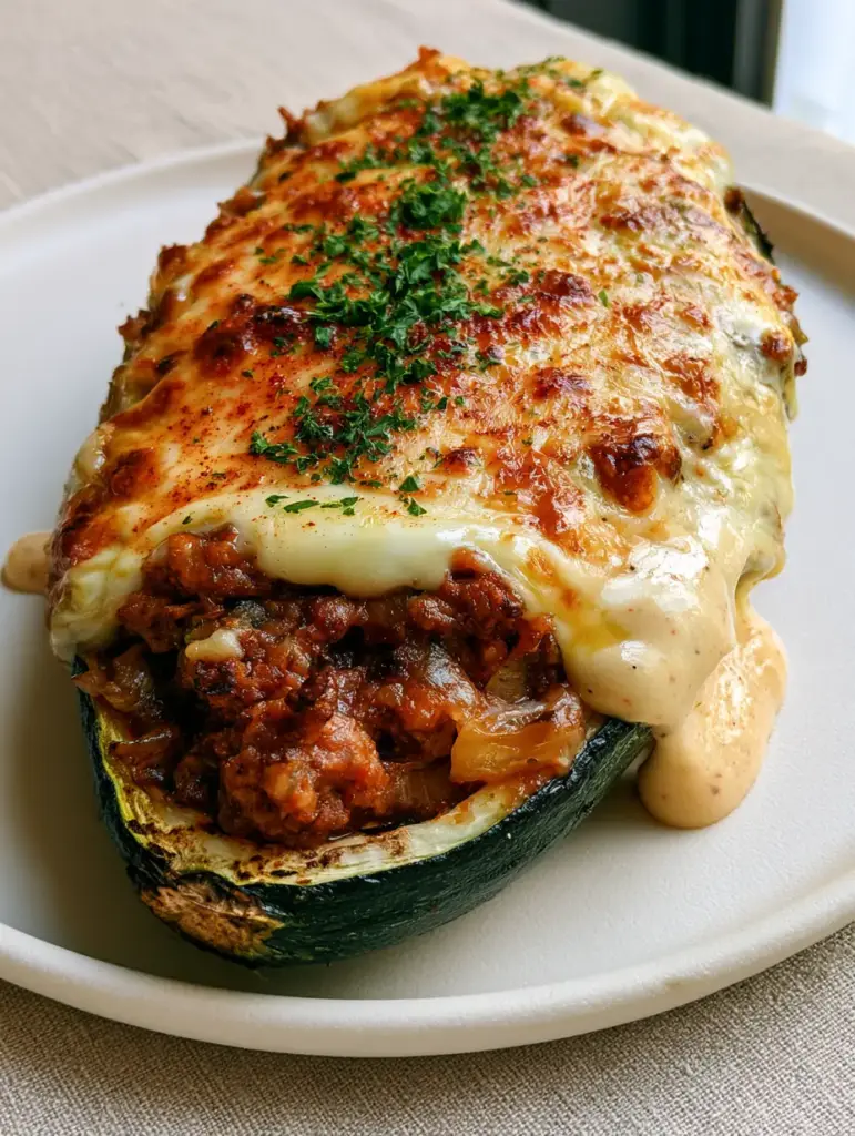 Salantourmasi: The Ultimate Gourmet Stuffed Zucchini Boat with Garlic Aioli 2 Close up of seared beef ragu inside a Salantourmasi zucchini boat with micro-chopped parsley. (Salantourmasi)