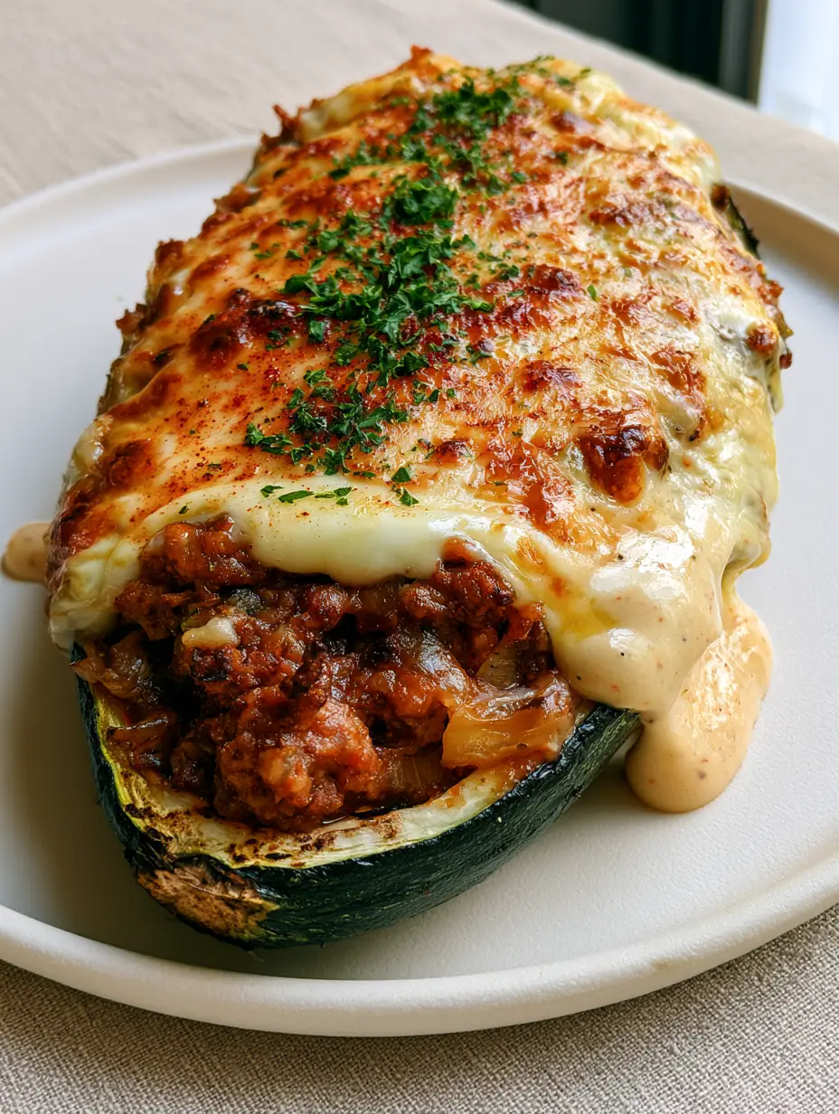 Salantourmasi: The Ultimate Gourmet Stuffed Zucchini Boat with Garlic Aioli 3 Close up of seared beef ragu inside a Salantourmasi zucchini boat with micro-chopped parsley. (Salantourmasi)
