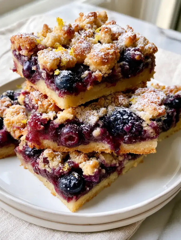 Handheld photo of blueberry pie bars on a white ceramic plate with a powdered sugar dusting and lemon zest flecks.