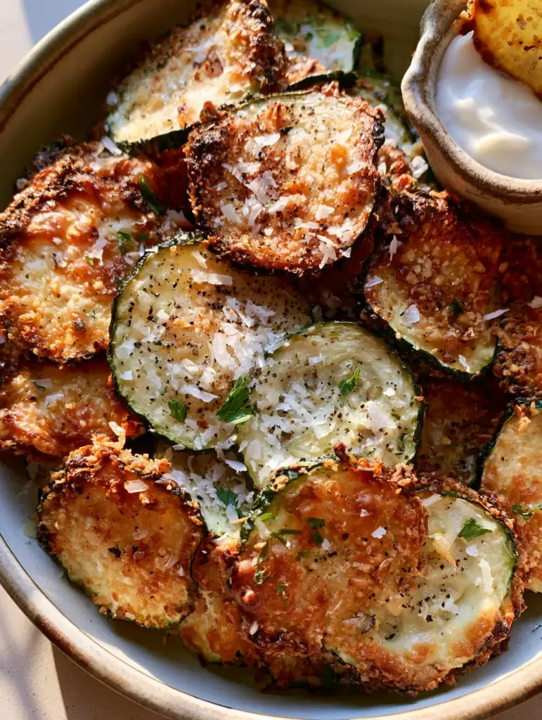 Zucchini Chips with a Golden Parmesan Crust and Creamy Garlic Aioli 2 Top-down macro shot of air-fried zucchini chips showing panko texture and charred edges.