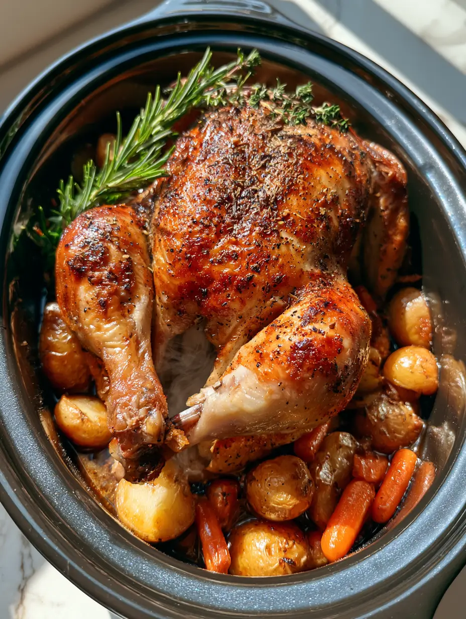 A top-down view of a whole rotisserie chicken in a black slow cooker with potatoes and carrots. (crockpot rotisserie chicken)