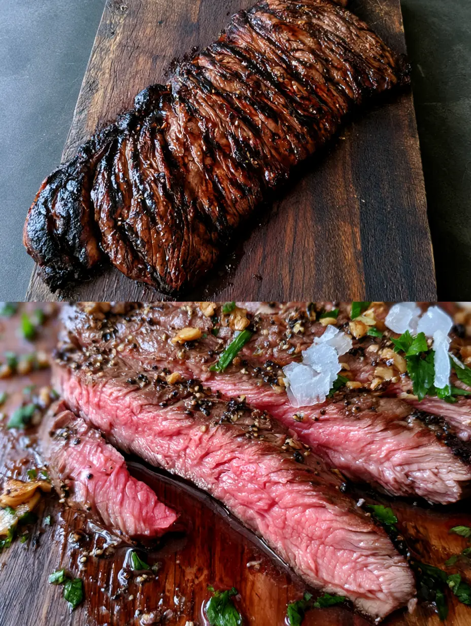 Skirt Steak Marinade with Balsamic Garlic Glaze and Deep Charred Marks 3 Top-down view of whole grilled skirt steak with balsamic garlic glaze and macro close-up of medium-rare pink slices. (skirt steak marinade)