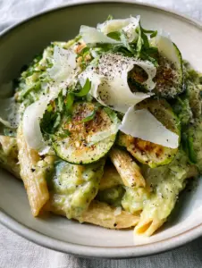 Close-up of penne smothered in a thick pale-green zucchini cream sauce with visible silken sheen. (cremige zucchini pasta)