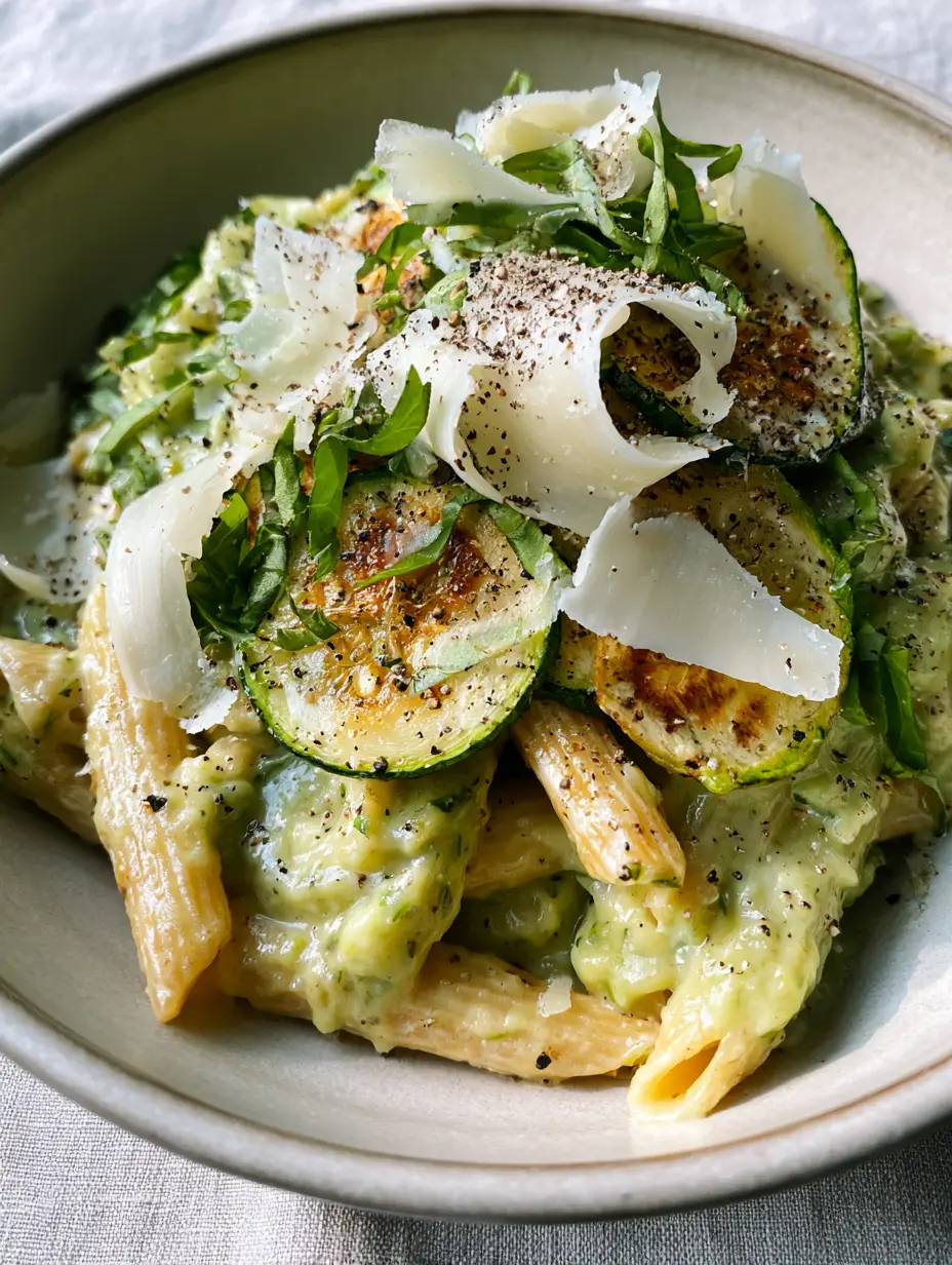Cremige Zucchini Pasta: The Ultimate Silky Sauce Recipe 3 Close-up of penne smothered in a thick pale-green zucchini cream sauce with visible silken sheen. (cremige zucchini pasta)