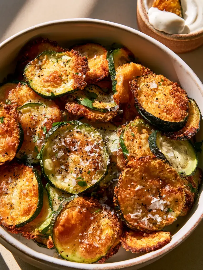 Zucchini Chips with a Golden Parmesan Crust and Creamy Garlic Aioli 1 Close-up of a zucchini chip dipped in creamy white garlic aioli.