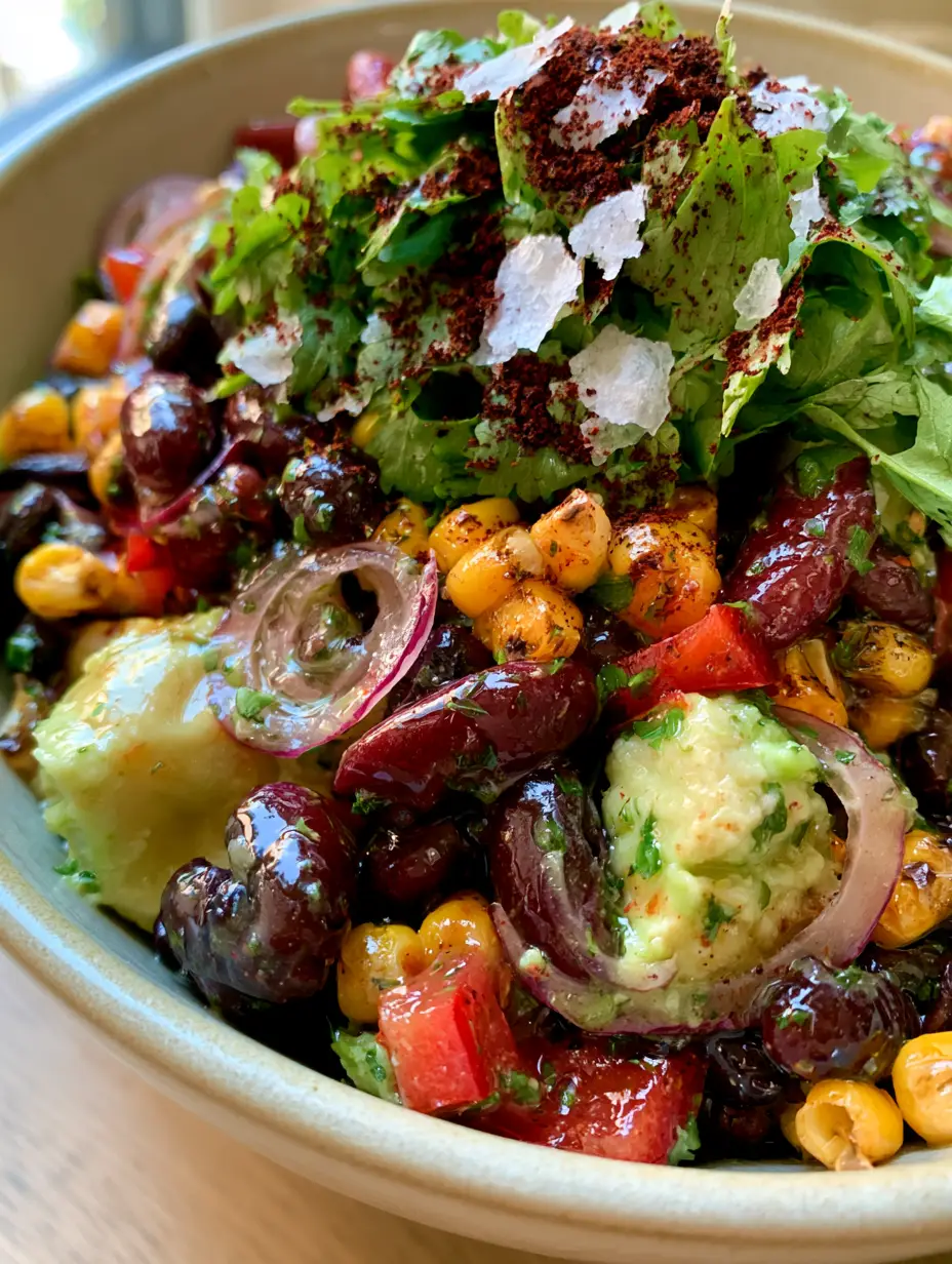 Mexican Bean Salad with Charred Corn and Creamy Avocado 4 A vibrant Mexican Bean Salad with glistening black beans, red kidney beans, and bright golden charred corn in a light stoneware bowl.
