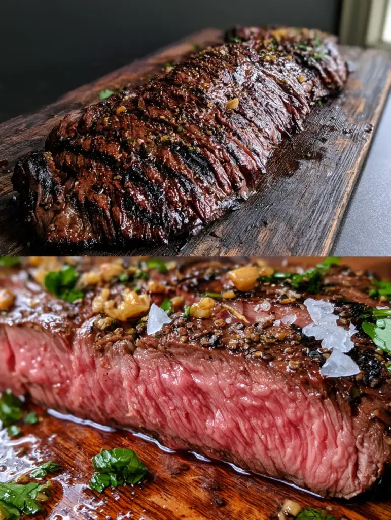 Skirt Steak Marinade with Balsamic Garlic Glaze and Deep Charred Marks 1 Close up of steak slices showing natural meat juices, minced garlic, and flaky sea salt. (skirt steak marinade)