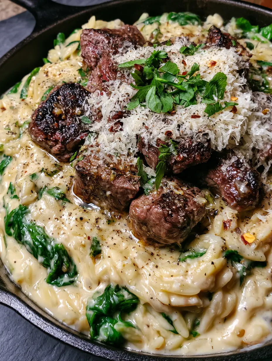 Steak with Creamy Spinach Orzo: The Ultimate One-Pan Cast Iron Dinner 4 Macro shot of seared ribeye steak cubes with a mahogany crust over creamy parmesan orzo and emerald spinach. (steak with creamy spinach orzo)