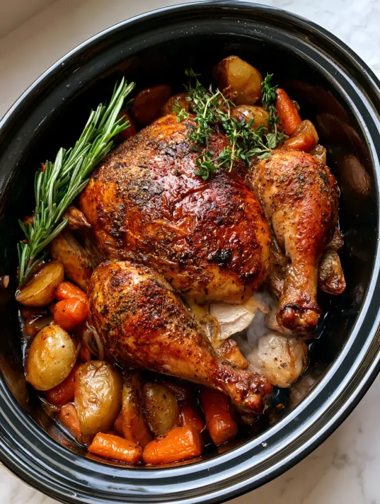 Close up of juicy white chicken meat being pulled away from the bone in a crockpot. (crockpot rotisserie chicken)