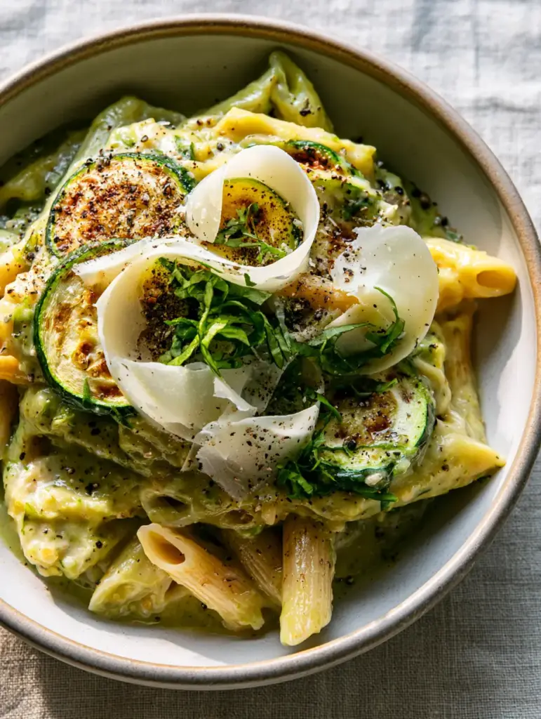 Cremige Zucchini Pasta: The Ultimate Silky Sauce Recipe 1 Overhead view of zucchini pasta garnished with large parmesan curls and charred zucchini slices.