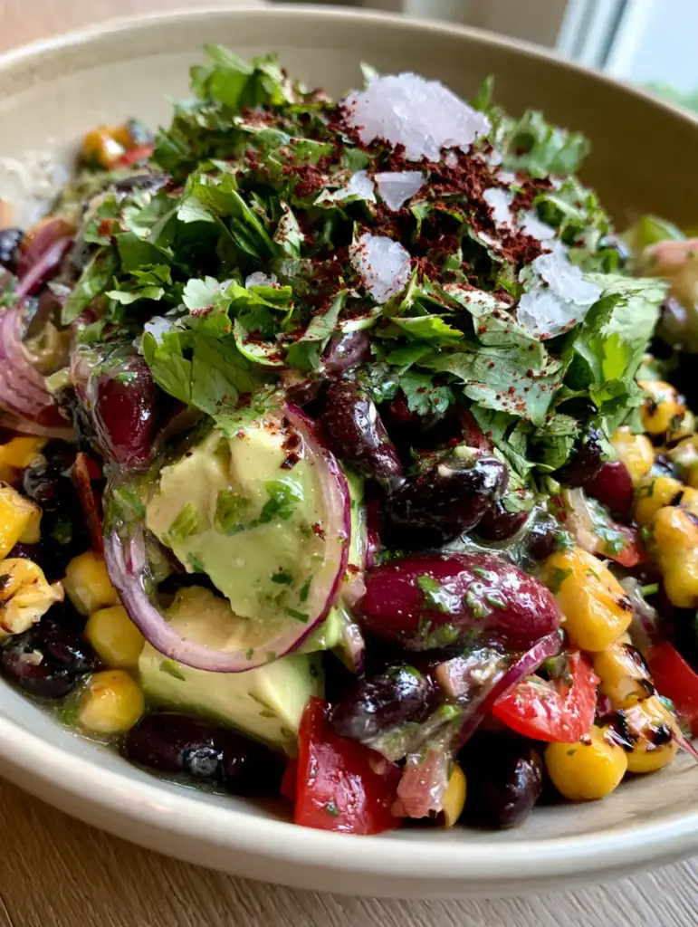 Mexican Bean Salad with Charred Corn and Creamy Avocado 1 Detailed view of Mexican Bean Salad showing creamy avocado chunks, red onion rings, and a dusting of dark red chili powder.