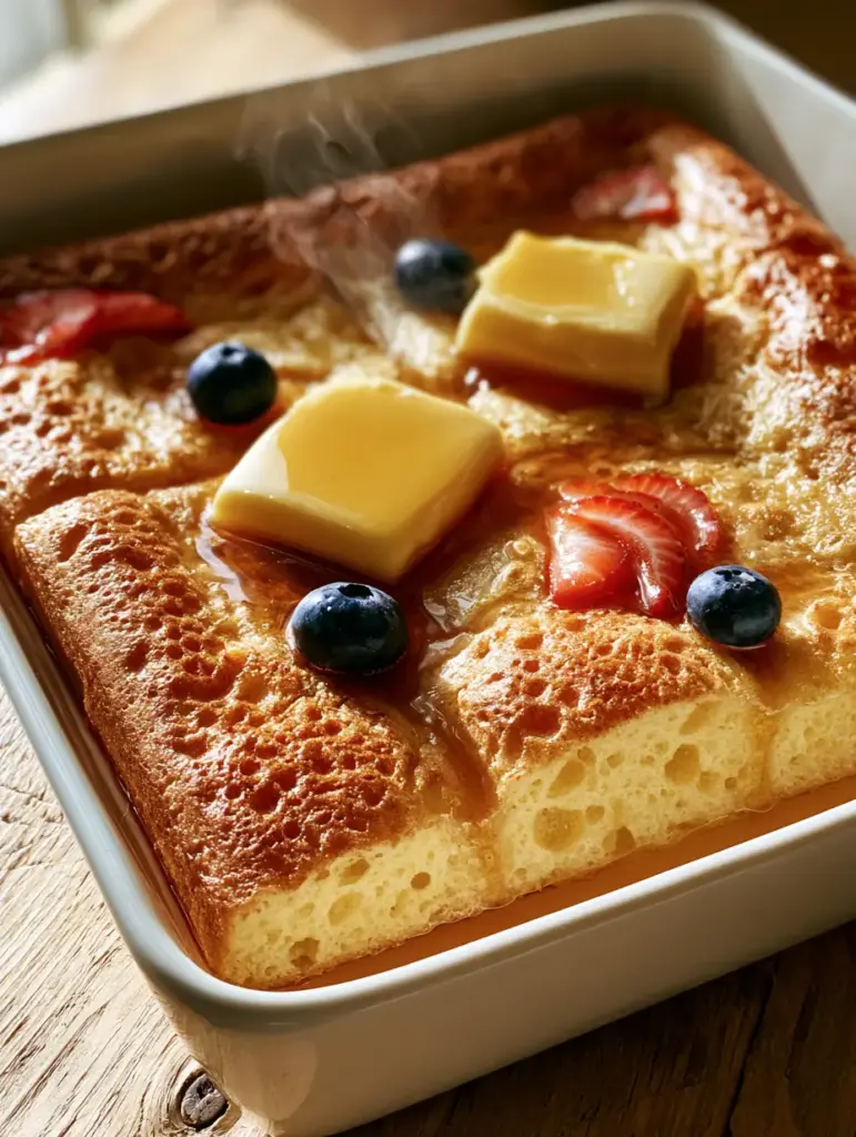 Pancake Recipes: The Ultimate Fluffy Sheet Pan Baked Pancakes 1 Authentic morning light highlighting the steam from fresh baked pancake squares with melting butter slabs on a rustic wooden table.