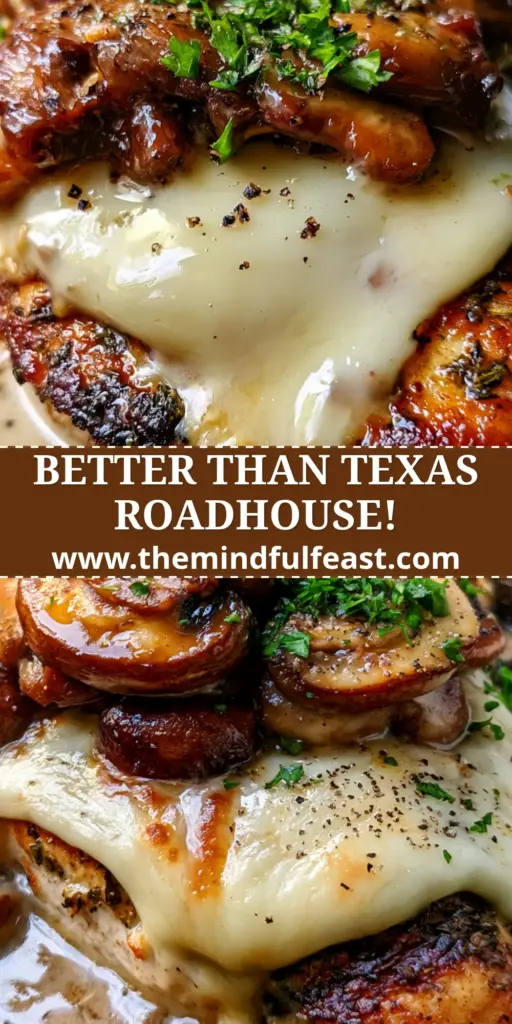 Texas Roadhouse Smothered Chicken Recipe: The Ultimate Copycat Skillet Guide 4 A close-up of the completed Texas Roadhouse Smothered Chicken recipe in a cast iron skillet with bubbling cheese and caramelized mushrooms.