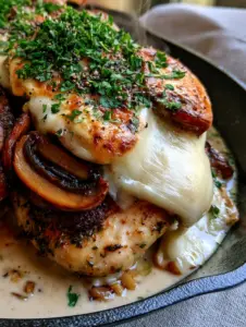Macro shot of melted bubbling Monterey Jack cheese over caramelized mushrooms and chicken. (Texas Roadhouse Smothered Chicken recipe)