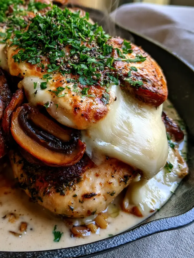 Texas Roadhouse Smothered Chicken Recipe: The Ultimate Copycat Skillet Guide 2 Macro shot of melted bubbling Monterey Jack cheese over caramelized mushrooms and chicken. (Texas Roadhouse Smothered Chicken recipe)