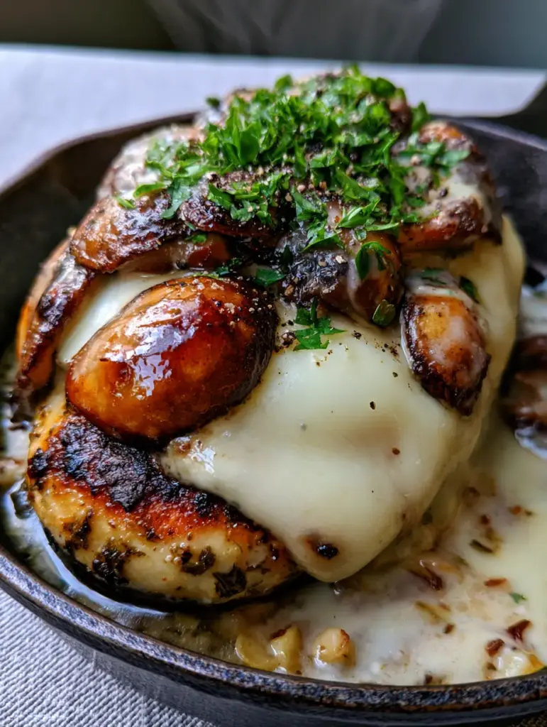 Texas Roadhouse Smothered Chicken Recipe: The Ultimate Copycat Skillet Guide 1 Juicy chicken breast with a dark golden-brown herb crust and glossy cream sauce.