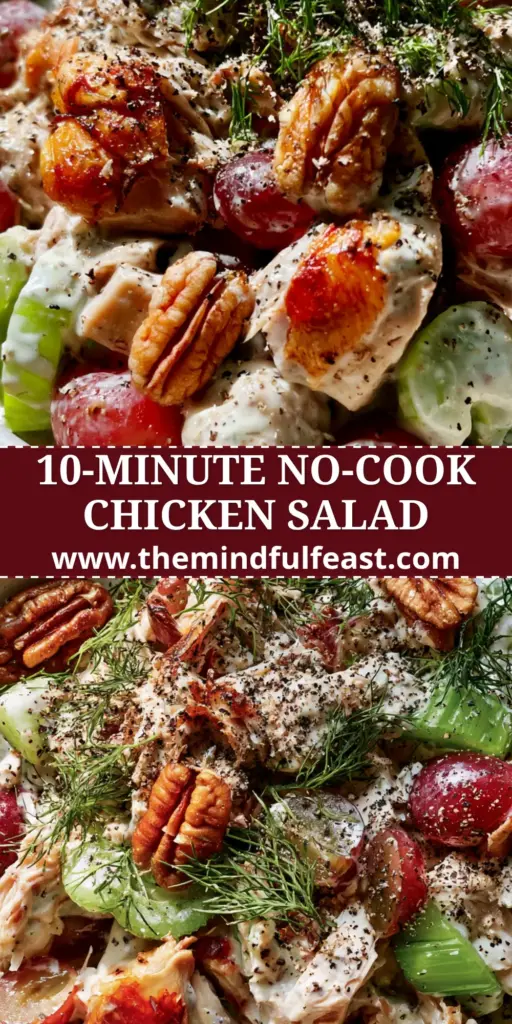 Easy Chicken Salad Recipe with Shredded Rotisserie Chicken and Grapes 5 A close-up vertical photo of an easy chicken salad recipe in a white bowl, featuring rotisserie chicken, grapes, and pecans. (easy chicken salad recipe)