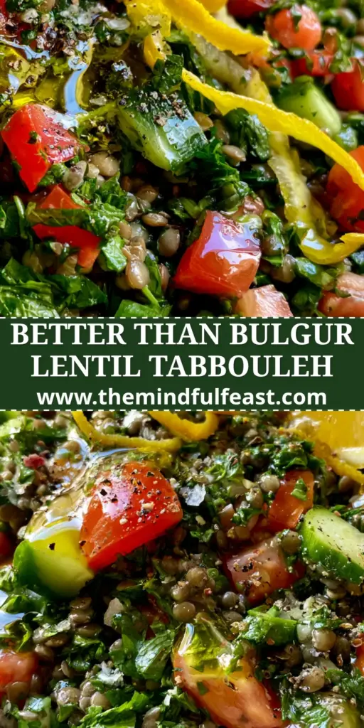 Lentil Tabbouleh Salad: A High-Protein Mediterranean Herb Salad 4 Close-up handheld photo of a vibrant lentil tabbouleh salad in a matte ceramic bowl with lemon zest curls and glistening olive oil.