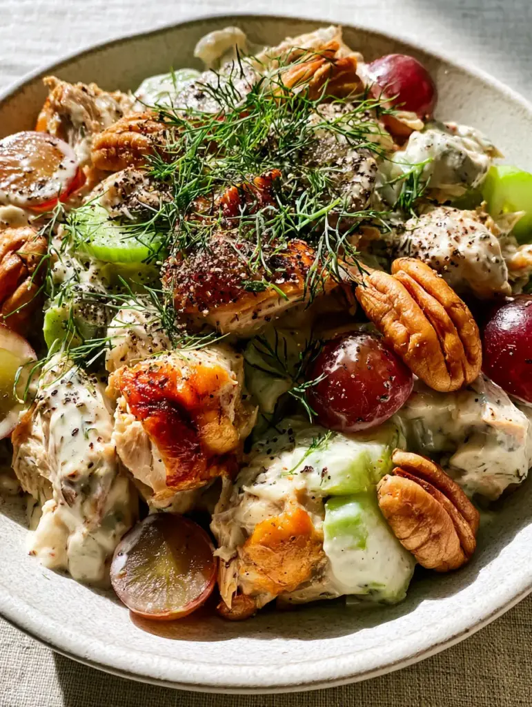 Easy Chicken Salad Recipe with Shredded Rotisserie Chicken and Grapes 2 Macro photo of chunky shredded rotisserie chicken salad with velvety dressing, red grapes, and fresh dill fronds. (easy chicken salad recipe)