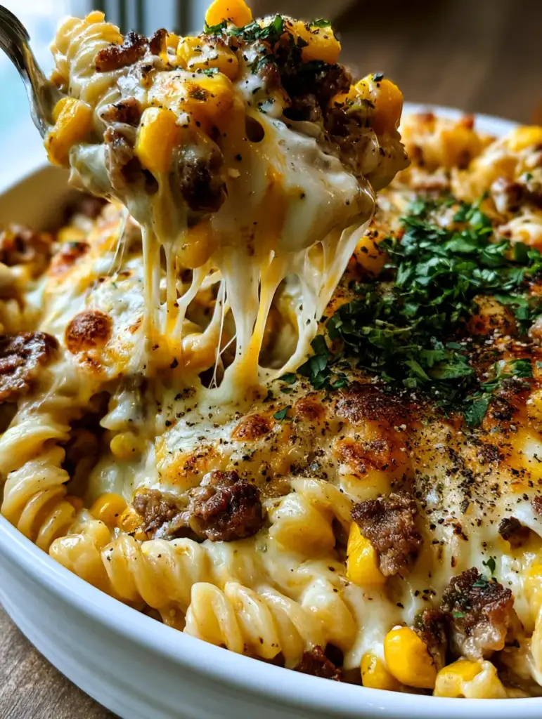Cheddar Ranch Beef and Sweet Corn Rotini Bake: The Ultimate Cheesy Comfort Food 2 A high-angle shot of the Cheddar Ranch Beef and Sweet Corn Rotini Bake in a white ceramic dish, featuring bubbly cheese and fresh parsley garnish.