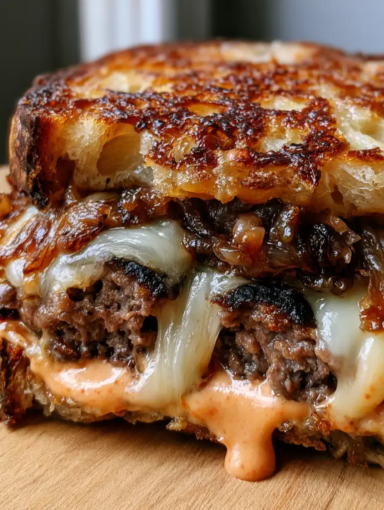 Ultimate Patty Melt Recipe with Shattered Sourdough and Jammy Onions 2 Macro photo of shattered golden-brown sourdough bread crust and melting Swiss cheese in a patty melt recipe.